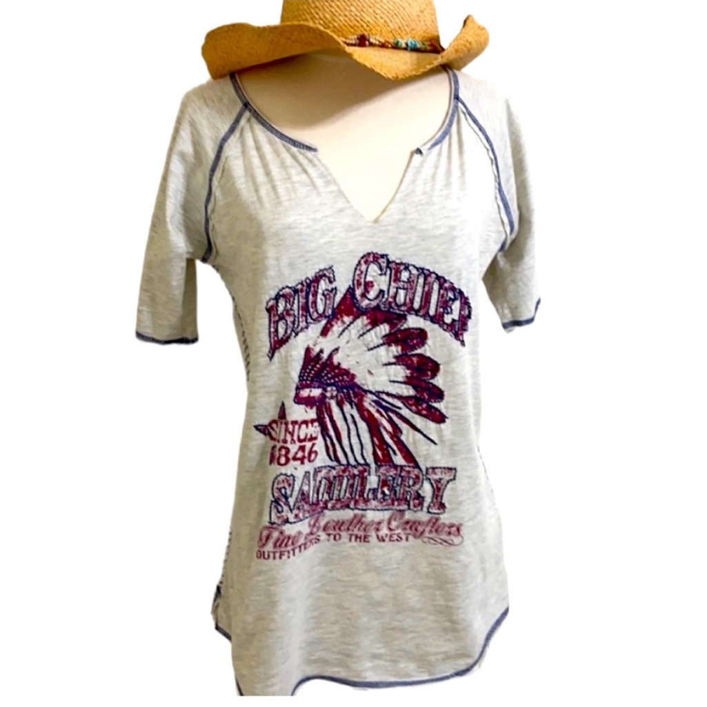 Retro Big Chief Indian Graphic Gray Embroidered Short Sleeve Tee Size Medium